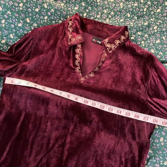 Y2K Zig Zag Zigzag Velvet Shirt Womens M Burgundy Witchy Embroidered Whimsigoth - Picture 6 of 7